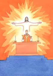 Jésus est présent avec nous à la messe, priant le Père en notre nom, pour nous aider dans nos besoins et pour le salut éternel. Nous pouvons unir toutes nos prières à sa grande prière sacrificielle