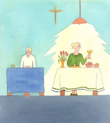 La vie dans le Christ implique à la fois le jeûne et le festin. Nous devons aimer ce qui est bon, mais être prêts à le sacrifier si nécessaire pour un bien encore plus grand, qui est Dieu, 2005 (aquarelle sur papier)