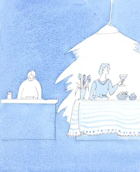 La vie dans le Christ implique à la fois le jeûne et le festin. Nous devons aimer ce qui est bon, mais être prêts à le sacrifier si nécessaire pour un bien encore plus grand, qui est Dieu, 2005 (aquarelle sur papier)