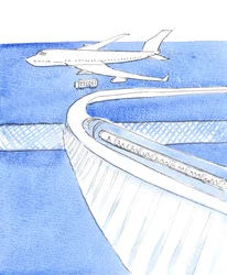 La vie vécue en union avec Dieu par le baptême est comme un voyage dans un siège sur un monorail ; le train arrive à un aéroport, qui représente une mort heureuse ; car il y a un vol qui attend, qui se terminera au Paradis, 2004 (aquarelle sur papier)