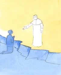 Le pape Jean-Paul se tient au ciel, tendant la main en signe de salut, alors que nous demandons son aide