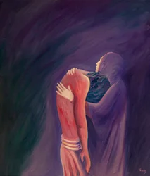 La Vierge Marie douloureuse tient son Fils Jésus après sa mort, le cœur transpercé de douleur, mais plein de foi, 2000 (huile sur carton)