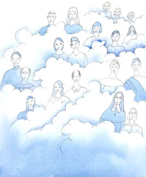 Bien que nous sachions que les saints ne sont pas assis sur les nuages, comme le montrent les images anciennes, la vérité qui ressort de ces images reste la même. 2005 (aquarelle sur papier)
