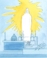 Vraiment, le Christ notre Dieu est présent devant nous, Corps, Sang, Âme et Divinité : présent en gloire à chaque messe pour prier le Père en notre nom