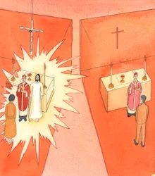 Lorsque le pain et le vin sont consacrés par un prêtre catholique, ils sont transformés en Corps et Sang sacrés du Christ ; et le Christ transforme le communiant par sa vie divine, 2005 (aquarelle sur papier)