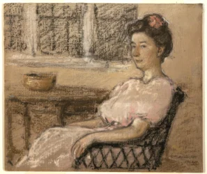 Femme assise en rose