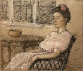 Femme assise en rose