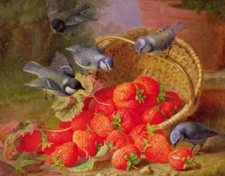 Nature morte avec fraises et mésanges