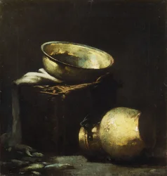 Nature morte aux pots de cuivre et au poisson noir