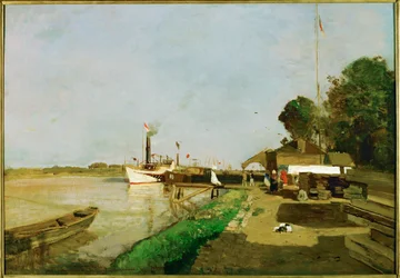 Station de bateaux à vapeur sur le Danube près de Kaisermuehlen - Steamboat station on the Danube near Kaisermuehlen ... (painting on canvas)