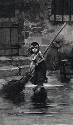 Scène des Misérables, de Victor Hugo : Cosette balayant (gravure)