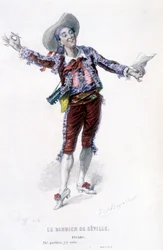 Œuvres complètes de Beaumarchais (1732-1799) par Edouard Fournier. Dessin par Emile Bayard. Ed. Laplace, Sanchez et Cie, Paris 1876. Ceci est Figaro dans « Le Barbier de Séville »