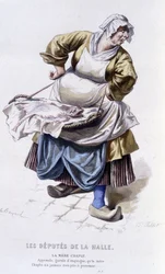 Œuvre complète de Beaumarchais (1732-1799) par Édouard Fournier. dessin par Émile Bayard. éd. Laplace, Sanchez et Cie, Paris 1876. Voici Mère Chaplu dans "Les Députés de la Halle"