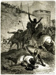Croisade contre les Albigeois - Siège de Toulouse, 25 juin 1218. Le frère de Simon de Montfort vient d