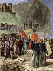 Croisade contre les Albigeois - Les derniers défenseurs de Montségur (Cathare) brûlés sur le bûcher en 1244 - Gravure par Emile Bayard d