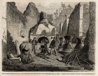 Découverte par un four de boulangerie et pain conservé dans la cendre lors des fouilles de 1864 à Pompéi, dessin pour illustrer le texte de Marc Monnier « Pompéi et les Pompéiens ». Gravure dans « Le tour du monde », édité par