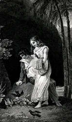 Gravure illustrant une édition de la fin du 19e siècle du roman de Jacques-Henri Bernardin de Saint-Pierre : Paul et Virginie. Les oiseaux viennent se poser sans crainte près du jeune couple d