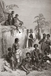 Le roi hawaïen Kamehameha I et ses guerriers, illustration de «The World in the Hands», publiée en 1878