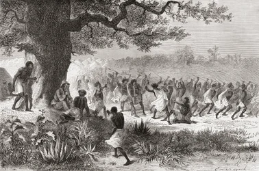 Henry Morton Stanley observant la tribu Vouagogos se préparant pour la bataille lors de son expédition en 1871, illustration de 