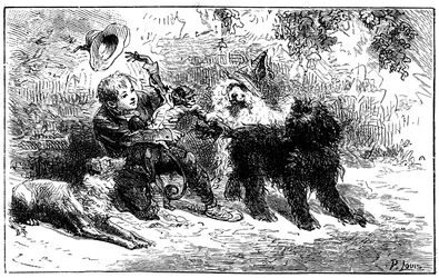 Illustration par Emile Bayard pour le roman de Hector Malot "Sans Famille" : Rémi joue avec ses amis, les animaux savants de la troupe de Monsieur Vitalis, artiste itinérant - Joli-Cœur, le singe et les trois chiens Capi, Zerbino et Dol