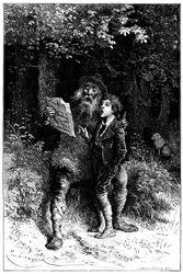 Illustration par Emile Bayard pour le roman de Hector Malot "Sans Famille" : Rémi chante avec Monsieur Vitalis, artiste itinérant - musicien de rue, saltimbanque - Édition Hetzel 1880