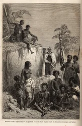 Kamehameha I (ca. 1758-1819), roi des îles Hawaï et fondateur de leur unité, entouré de guerriers hawaïens et de quelques sujets à Honolulu, gravure d