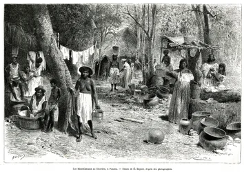 Les blanchisseuses au Chorillo, Panama, gravure d