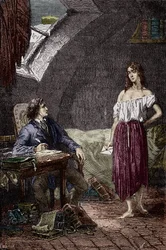 Marius et Eponine, fille aînée des Thenardier et amoureuse de Marius. Illustration du roman « Les Misérables » de Victor Hugo (1802-1885), illustration par Emile Bayard - (Eponine Thenardier (fille Jondrette) et Marius), gravure, collection particulière