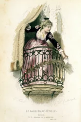 Rosine dans "Le barbier de Séville" - dans "Oeuvres complètes de Beaumarchais", dessins par Emile Bayard, éd. Laplace Sanchez & cie, Paris