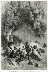 Sir Henri Morton Stanley au milieu des baigneurs de la région de Karagoué (Cameroun), qui plongent dans le bassin d