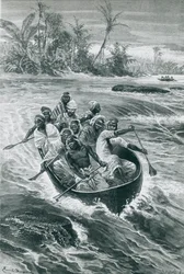 Stanley surmonte les rapides sur le fleuve Congo, dessin par Emile Bayard