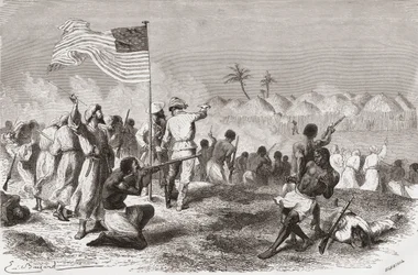 Attaque de Stanley sur Zimbizo lors de son expédition en 1871, illustration de 