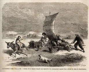 La brouette à voile, système de locomotion utilisé dans le nord de la Chine, dessin d