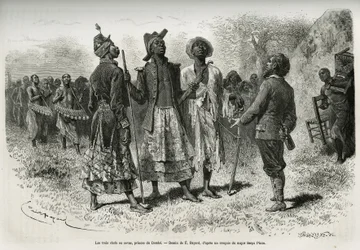 Les trois conducteurs (ou sovas), princes de Dombe (Angola), et leur suite de musiciens et courtisans, venant à la rencontre de l