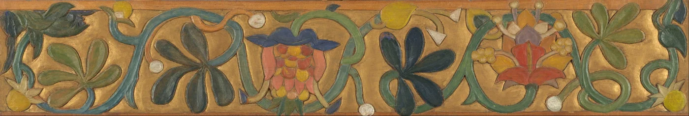 Planche décorée de vrilles et de fleurs
