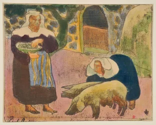 Bretonnes nourrissant les cochons
