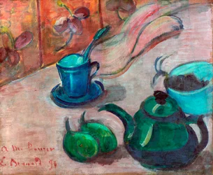 Nature morte à la théière, tasse et fruit