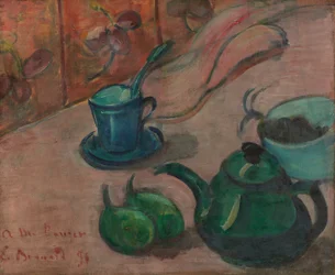 Nature morte avec théière, tasse et fruits