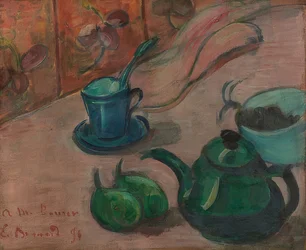 Nature morte avec théière, tasse et fruits. 1890
