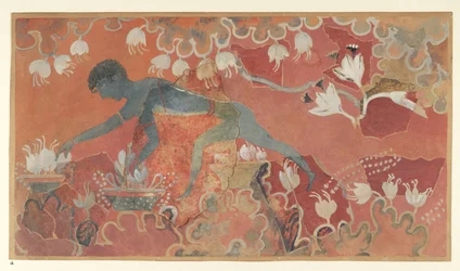 Peinture de la fresque du Singe Bleu Cueilleur de Safran du Palais de Minos à Knossos (Dessin de fresque d