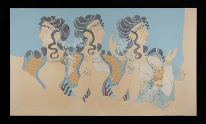 Peinture des Dames en Bleu restaurée de la fresque du Palais de Minos à Knossos (Dessin de fresque d