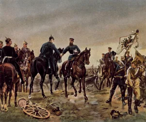Rencontre entre le roi Guillaume Ier et le prince héritier Friedrich Wilhelm lors de la bataille de Königgrätz, 3 juillet 1866 (lithographie couleur rehaussée)