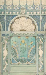 Projet de décoration murale avec paon, grues et tournesols pour le restaurant..., 1896-98