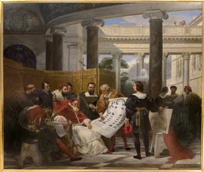 Le pape Jules II ordonnant les travaux du Vatican et de Saint-Pierre à Bramante, Michel-Ange et Raphaël