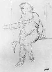 Acrobate féminine, assise sur un trapèze