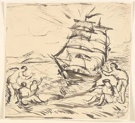 Paysage côtier avec voilier et figures gesticulantes