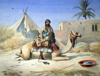 Un bédouin à côté de son chameau, probablement en Égypte", vers 1836-1843. Aquarelle. Emile Prisse d