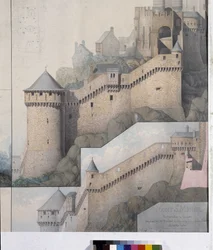 Vue des mâchicoulis entre la tour Nord et la tour Claudine du Mont Saint Michel. Dessin d