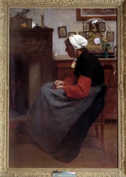 Cœur simple. Un vieux paysan endormi sur une chaise dans un intérieur rustique. Peinture d