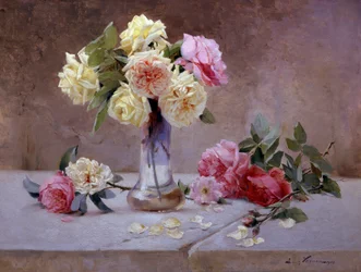 Nature morte de roses roses et jaunes. Peinture de Emile Vernon (1872-1919) Collection privee.